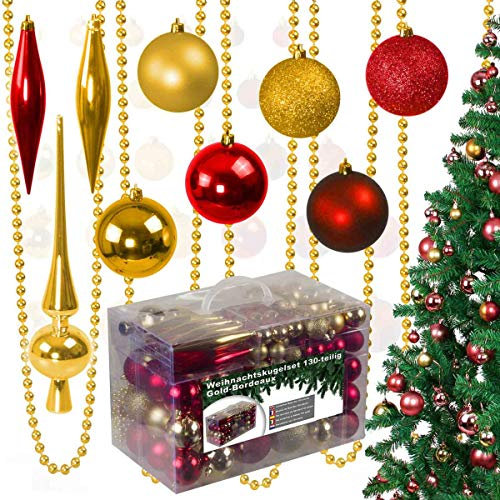 130-teiliges Weihnachtskugeln Set aus Kunststoff - Christbaumschmuck Baumschmuck in Glänzend Glitzernd Matt, Gold/Bordeaux