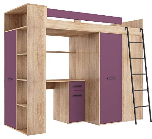 BIM Furniture, VERANA P - Letto a castello, letto a soppalco, 190x90 cm, con scale, armadio, mensola, scrivania, per bambini, lato destro (rovere Sonoma/viola)