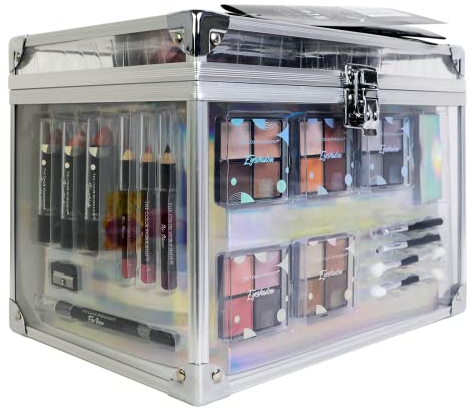 bonvoyage, Colour Delights Makeup Set, 45-teiliges Schminkset mit Lippenstift, Lidschatten, Rouge, Maniküre- und Pediküreset und Mehr, Modischer, Transparenter Koffer