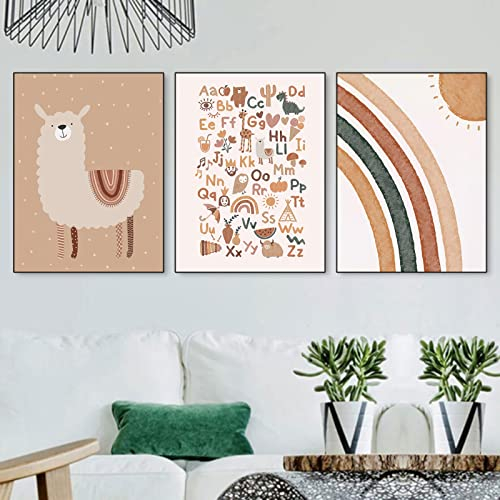 Kinderzimmer Poster, 3er Set Bilder Set, Alpaka Regenbogen Wandbilder Babyzimmer Deko Wanddekoration Mädchen Jungen,OHNE Rahme (40x50cm)