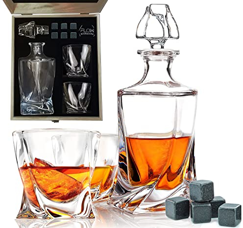 FLOW Barware Deluxe Whiskey Decanter and Glass Set | Twist Design Decanter Set & 2 Whiskey Glasses with 6 Granite Whiskey Stones | Whisky Decanter Gift Set | Whisky Gifts for Men
