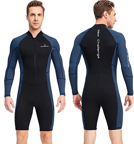 clhjinruoliu Men's Shorty Wetsuits 1.5mm Premium Neoprene Front Zip Long Sleeve Dive Skin UV Protection Bathing Suit,3XL