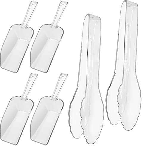 6 cucharas multifuncionales de plástico transparente para hielo y pinzas para pasteles, DaKuan 4 cucharas para palomitas de maíz, 2 pinzas de plástico transparente, cucharas para botes (19/21,5 cm)