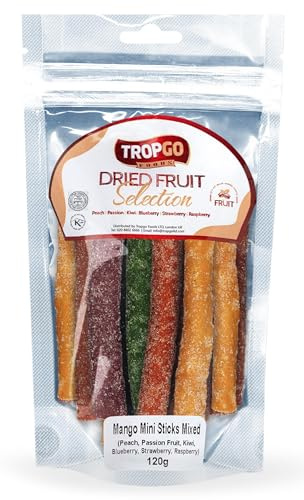 Tropgo Fruity Chewy Mini Sticks | Sugar-Coated Fruit-Flavoured Snack | Peach, Passion Fruit, Kiwi, Blueberry, Strawberry & Raspberry | 120g