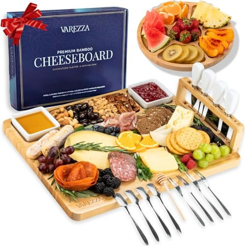 VAREZZA Juego de tablas de charcutería grandes: tabla de queso de bambú y juego de cuchillos, regalos únicos de Navidad para mujeres, 10 accesorios entretenidos, regalos de boda para pareja, regalos
