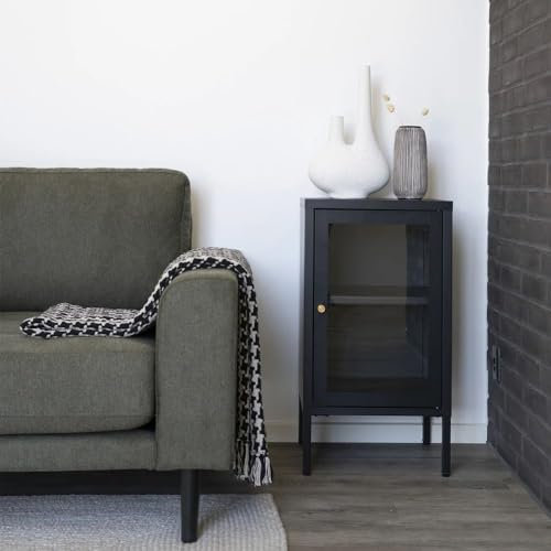 LEBENSwohnART Moderne Kommode Daily schwarz H70cm Glastür Metall Nachtschrank
