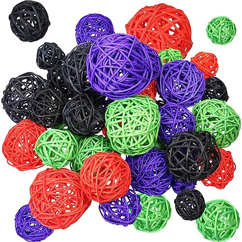 Patelai Dekorative Rattan-Kugeln für Herbst, Halloween, Handwerk, Hochzeit, Party, Potpourri-Dekor, 4 Größen (Orange, Lila, Schwarz, Grün), 72 Stück