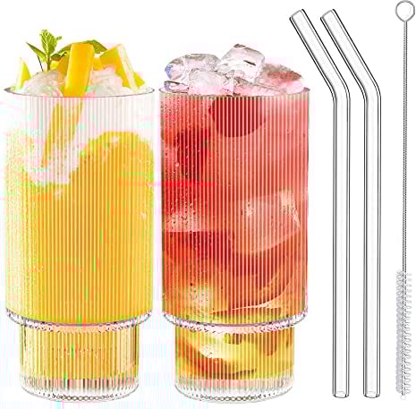 GLAITC Ribbed Glasses, 2 Pcs 14.8oz Glasses Drinking Cups with 2 Pcs Glass Straws Iced Coffee Cups Glassware Reusable Clear Glassware Glass Tumbler for Coocktail, Whiskey, Beer, Water, Juice