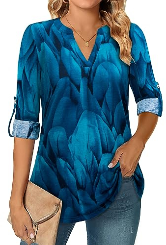 Amrto 3/4 Ärmel Bluse, Elegante V Ausschnitt Damen Longbluse Shirt Blätte Gemustert Lose Casual Stylisch Langarmshirt Oberteil, Geblümt Blau M
