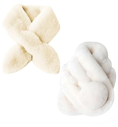 Rayson Schal Damen Halstücher mit Bommel aus Kunstpelz Schal Damen WinterWeich Warm Flauschig Faux Fellkragen Schal Weihnachts Schal Damenschal Loop Schals,Weiß+Beige