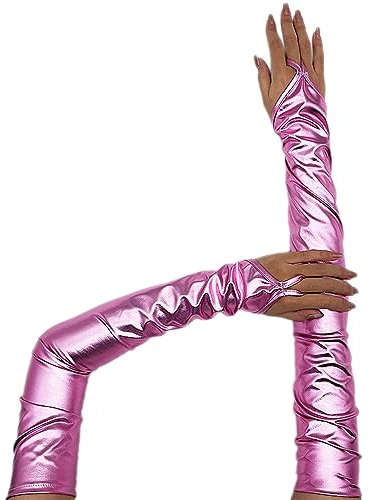Lackleder Lange 55cm Handschuhe Fingerlose Handschuhe Damen Sexy Beschichtete Handschuhe Hakenfingerhandschuhe Abendhandschuhe für Hochzeit Abschlussball Teeparty Kleidungs Zubehör,Rosa