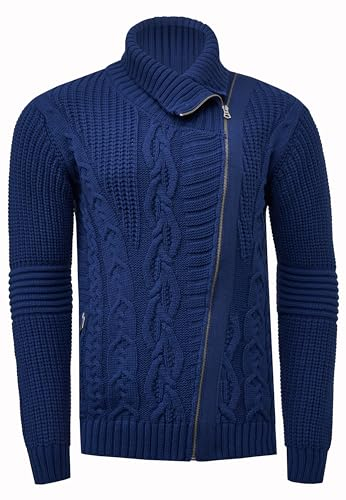 Rusty Neal Strickjacke mit Rollkragen und Asymmetrischem Reißverschluss im Biker-Stil Rolli Pullover Streetwear Knitwear 389, Farbe:Blau, Größe S-3XL:L
