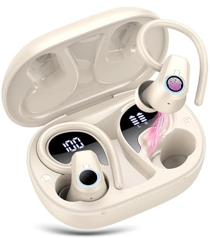 Bluetooth Kopfhörer Sport, Kopfhörer Kabellos Bluetooth In Ear , 50Std Ultraleicht Wireless Earbuds mit Bügel, 2024 Noise Cancelling Ohrhörer, HiFi Stereo, LED Anzeige, IP7 Wasserdicht Joggen, Weiß
