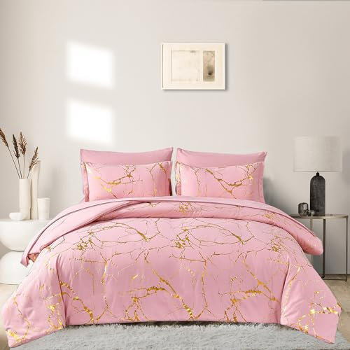 Freyamy Housse de Couette 140x200 Marbre Rose Parure de lit Adulte avec Fermeture Éclair Sets de Housse Couette en Microfibre avec Une Taie d'oreiller 65 x 65 Parure Housse de Couette Imprimé