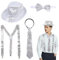 BGNXHYB 4 Stück Silvester Kostüm Accessories mit glitzer fliege herren krawatte herren Pailletten Zylinder Hut Hosenträger, Pailletten Hut Sliver Set, Disco Karneval Outfit Herren Accessories