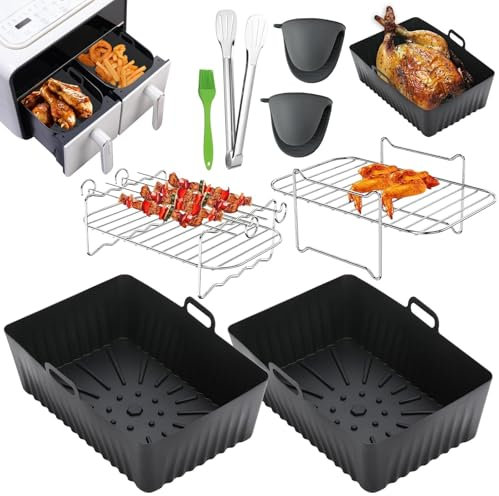 Anttyscar 8 PCS Ninja Air Fryer Accessories, Silicone Air Fryer Liner for Ninja Dual AF400UK AF500UK AF451UK Tower T17088,Upgraded Air Fryer Liner Silicone & Dual Air Fryer Racks Black