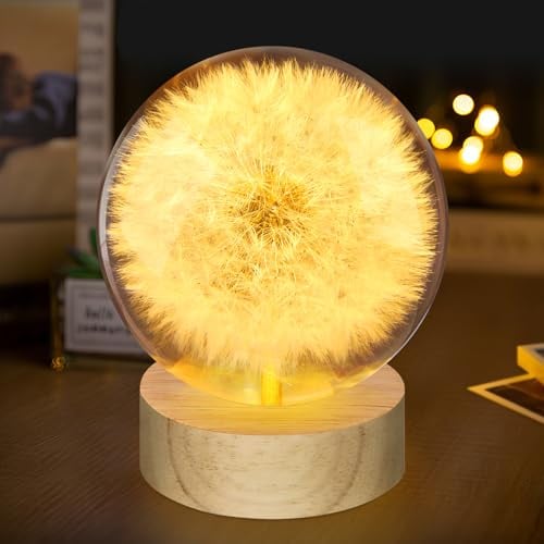 TUZELIYA Wunscherfüller - 7cm Kristallkugel Nachtlicht mit USB Holzsockel - Echte Pusteblume im Glas - Geburtstagsgeschenk Für Frauen - Geschenk für Geburtstag Hochzeit Muttertag - Muttertagsgeschenke