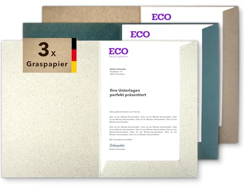 Präsentationsmappe A4 Graspapier (3 Stück) - rauer ECO Recycling-Karton - direkt vom Hersteller STRATAG - vielseitig einsetzbar für Ihre Angebote, Exposés, Projekte oder Geschäftsberichte