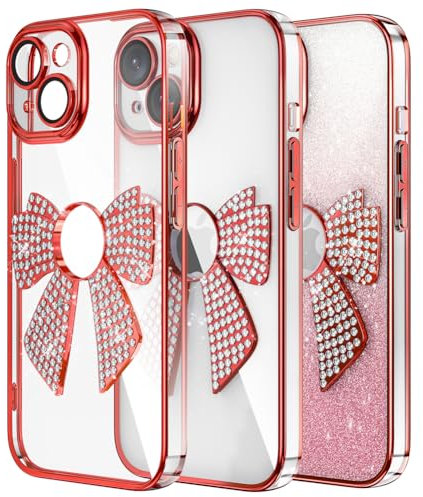 QIWEIQING for iPhone 15 Bling Glitter Diamond Case, Cute Bow Shiny Luxury Crystal Rhinestone Women Girls Kids Protective Phone Cover with Butterfly for iPhone 15 6.1. Red KDH