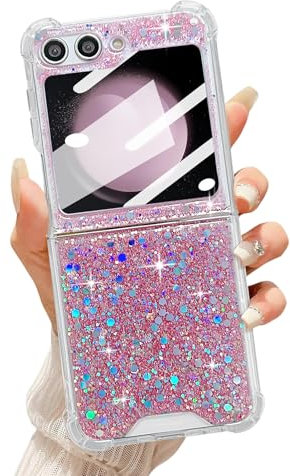 UEEBAI Coque pour Samsung Z Flip 7 FE/Z Flip 6/Z Flip 5 5G, Silicone Paillettes Étui en Ultra Léger et Mince, Housse de Téléphone en Glitter Diamant Antichoc Bumper Cover pour Filles Femme, Rose