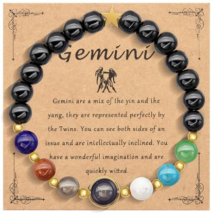 HMOOY Sternzeichen Naturstein-Armband für Männer Frauen, 12 Konstellation echte 8mm große Natursteinperlen und Kristall Himmels Astrologie Schmuck Aufmunternde Motivationsgeschenke (Zwillinge)