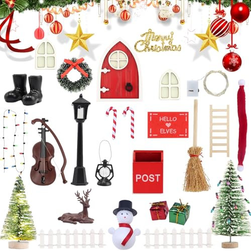 Mein HERZ 28 Pezzi Porta per Elfo Natale Accessori, Porta Elfo Natale Kit,Porta Gnomo Set Natalizio Miniature Porticina Elfo Natale Set Casa Elfo Natale Decorazioni per la Casa delle Mini Bambole