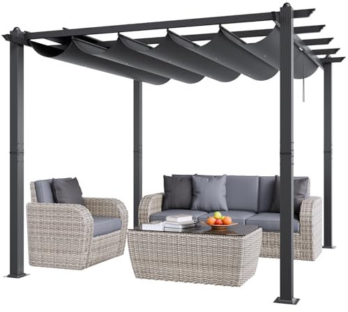 VEVOR Pergolato Retrattile per Esterni 2,97 x 2,97 x 2,3 m con Tettoia, Pergolato in Alluminio con Tettoia Retrattile, Pergolato Moderno Tettoia Parasole per Patii, Giardini, Ponti, Cortili (Grigio)