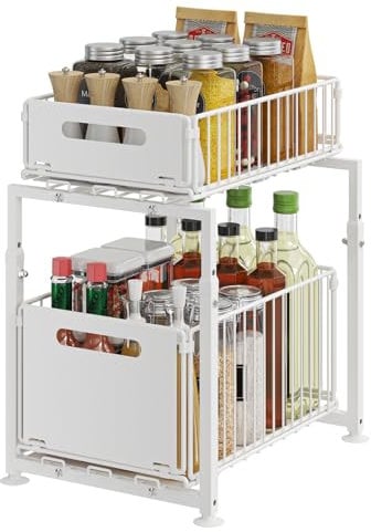 YunNasi Organizador de Cocina Almacenamiento bajo Fregadero de Metal Organizador 2 Niveles Extraíble Estante para Especias (Blanco, Modelo-A)