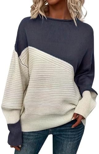biJerou Damen Oversized Pullover Sweater Casual Crewneck Cable Knit - Schöne Weihnachtspullover Damen Knitted Sweater Spliced Contrast Color Pullover Round Neck Versatile Top