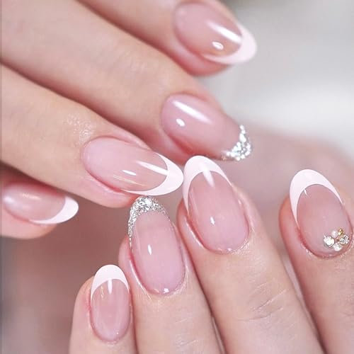 Almond False Nails - 24pcs Press on Nails with Silver Glitter - Elegant French False Nails with Glue - Glossy Full Cover Glue Stick on Nails - DIY Nail Art Gifts for Women Girls