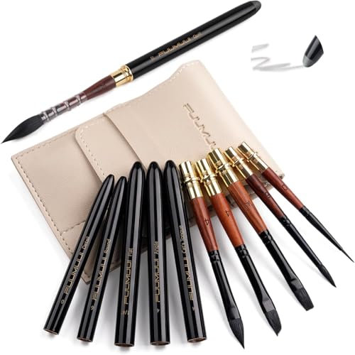 Squirrel Hair Travel Watercolour Brushes 6pcs, Fuumuui Travel Brushes Set Portable Compact Artist Brushes with Graphite Tip Pen for Watercolour Gouache Ink Painting