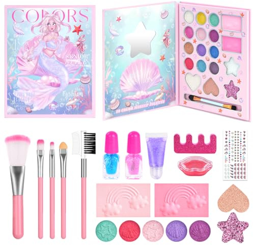 Aomig Kinderschminke Set Mädchen 36PCS Waschbar Kosmetikset 23Farben Prinzessin Make Up Spielzeug mit Nagellack Lippenstift Schminkkoffer Alter 4-12 Spielzeug Halloween Weihnachts Geburtstags Geschenk