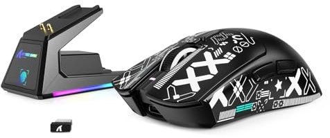 MAMBASNAKE x Attack Shark X1 Ratón Ligero para Juegos FPS con Base de Carga & Grip Tape, 49g Superlight, Sensor PAW3395 Pro 40K dpi, Tasa de Sondeo de 1000 Hz, BT/2,4G Wireless/Cable, PC/Mac - Negro