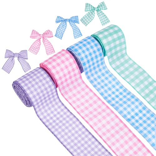 WADORN 18 m Osterband Mit Kariertem Drahtrand, 6.3cm Frühlings Büffelkaro Bastelband Pastellfarbenes Gingham Dekorationsband Aus Stoff Für Geschenkverpackungen Schleifenherstellung Osterparty