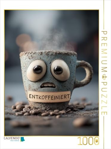 Puzzle · Entkoffeinierter Kaffee mit Panikblick | Lustiges Motiv für Koffeinfreunde · Eine schräge Tasse mit… · 1000 Teile · Lege-Größe 64 × 48 cm · CALVENDO Puzzle