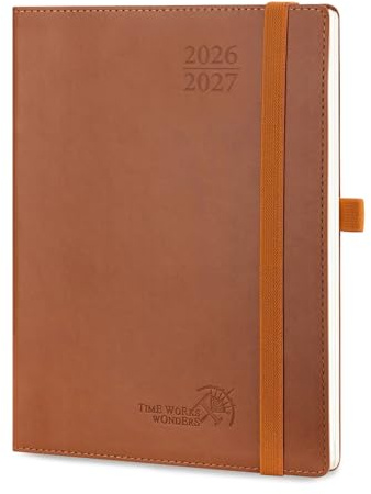 POPRUN Kalender 2026 2027 Wochenplaner, ca. A5 Softcover mit PU-Leder | 17-Monate-Terminplaner,(Aug,2026-Dez,2027),1 Woche 2 Seite,ca,A5(21,8 x 16,4cm)(Braun)