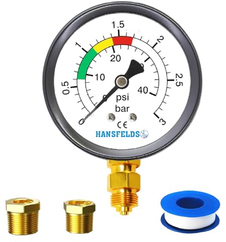 Hansfelds Pool Filter Pressure Gauge Dry 63 mm Dial, 0–3 bar/psi, 1/4 BSP Bottom Connection, Accuracy Class 1.6, includes 2 Reducers (3/8 and 1/2).