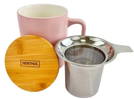Nerthus FIH 1570 taza cerámica 375 ml con infusor acero inox y tapa bambú, diseño elegante, ideal para té e infusiones rosa