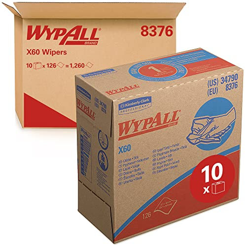 WypAll Wischtücher, X60, Industrielle Reinigungstücher, Hydroknit-Technologie, 1-lagig, 1 Zupfboxen x 126 Tücher, Weiß, 8376