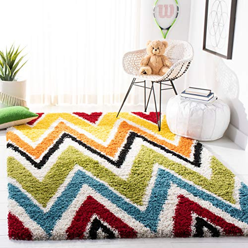SAFAVIEH Kids Shag Collection Accent Rug - 4' x 6', Ivory & Multi, Rainbow Design, Non-Shedding & Easy Care, 2-inch Thick Ideal for High Traffic Areas in Entryway, Living Room, Bedroom (SGK567A)