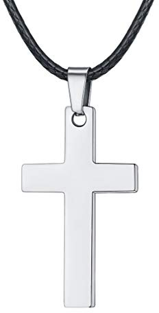 FaithHeart Halskette mit Kreuz-Anhänger, personalisierbar, mit Halskette, Leder, geflochten, 2 mm, 55/60/65 cm, christliches Kreuz, Stahl/Schwarz/Blau/Rosa, Gold/18 K, religiöser Schmuck für Herren