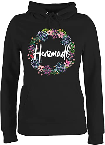 Pullover Damen Hoodie Frauen - Kompatibel mit Oktoberfest - Herzmadl - bunter Blumenkranz - L - Schwarz - trachtenhoody bayrische Hoodies trachtenpullover bayrisch Kapuzenpullover Trachten Hoody