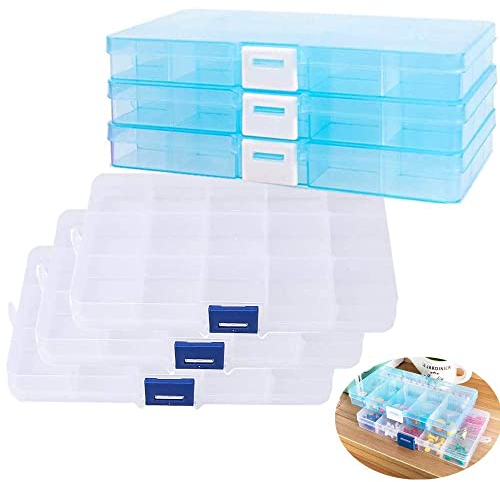 TOKERD 6 Stück Fächer Aufbewahrungsbox mit 15 Raster Einstellbar, Sortierboxen für Kleinteile, Plastik Aufbewahrungsbox Organizer Box für Schmuck Veranstalter Perlen Ohrring Bastelmaterial Bausteine