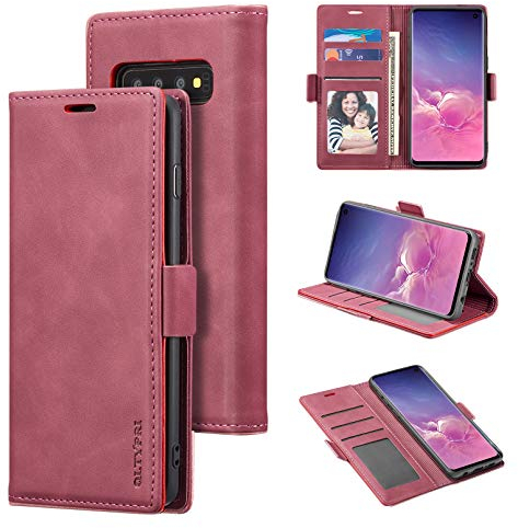 QLTYPRI Hülle für Samsung Galaxy S10, Premium Weiches Leder Handyhülle mit Kartenfach Ständer Magnetische Ledertasche Kompatibel mit Samsung Galaxy S10 - Rot