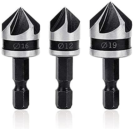 Mesee 3Pcs Countersink Chamfer Drill Bit Set, 5 Flute 90 Degree Chamfering Countersink Bits with 1/4Inch Hex Shank, 12mm 16mm 19mm