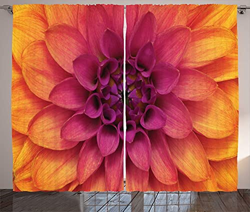 ABAKUHAUS Floral Rustic Curtain, Top View Dahlia Flower, Living Room Universal Tape Curtains with Loops and Hooks, 280 x 260 cm, Magenta Apricot