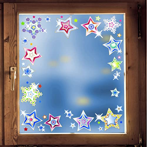 alles-meine.de GmbH 18 Stück - große Fenstersticker - Motivwahl - 3D Glitzer & Glimmer - Bunte Sterne & Schneeflocken - statisch - selbstklebend - wiederverwendbar/Fensterbilde..