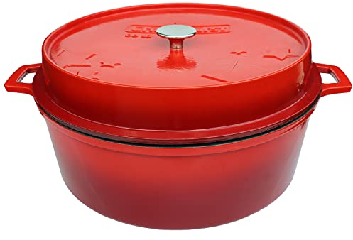 Grillfürst farbig emaillierter Dutch Oven ca. 12 Liter Fassungsvermögen - stabil stehender Gusseisentopf ohne Füße, rote Kratzfeste Emaillierung, multifunktional, ca. 20,5 x 46 cm, DO12