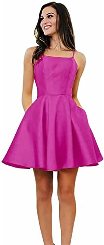 KURFACE Vestido corto de fiesta de satén con bolsillos para mujer, fucsia, 46