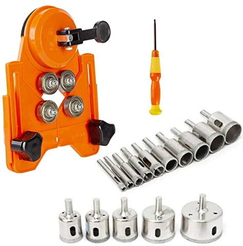 17Pcs Diamond Drill Bit Set, Including 15Pcs Diamond Bits 6-50mm, Adjustable Hole Saw Guide Jig Fixture for Glass, Porcelain, Ceramic, Marble, Tile, Granite